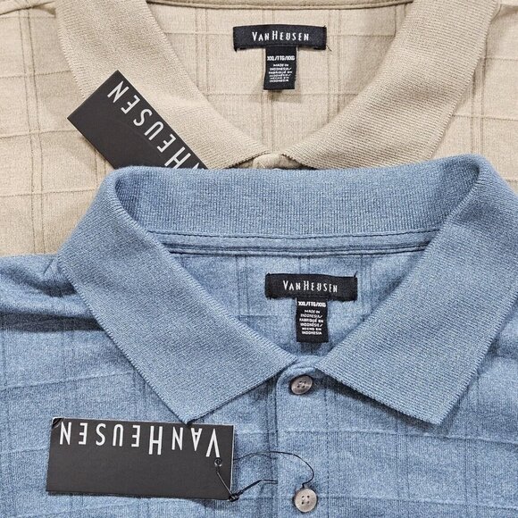 Van Heusen Polo Shirt Men XXL Lot of 2 Blue Beige LS Button Knit Normcore Casual - Picture 5 of 16